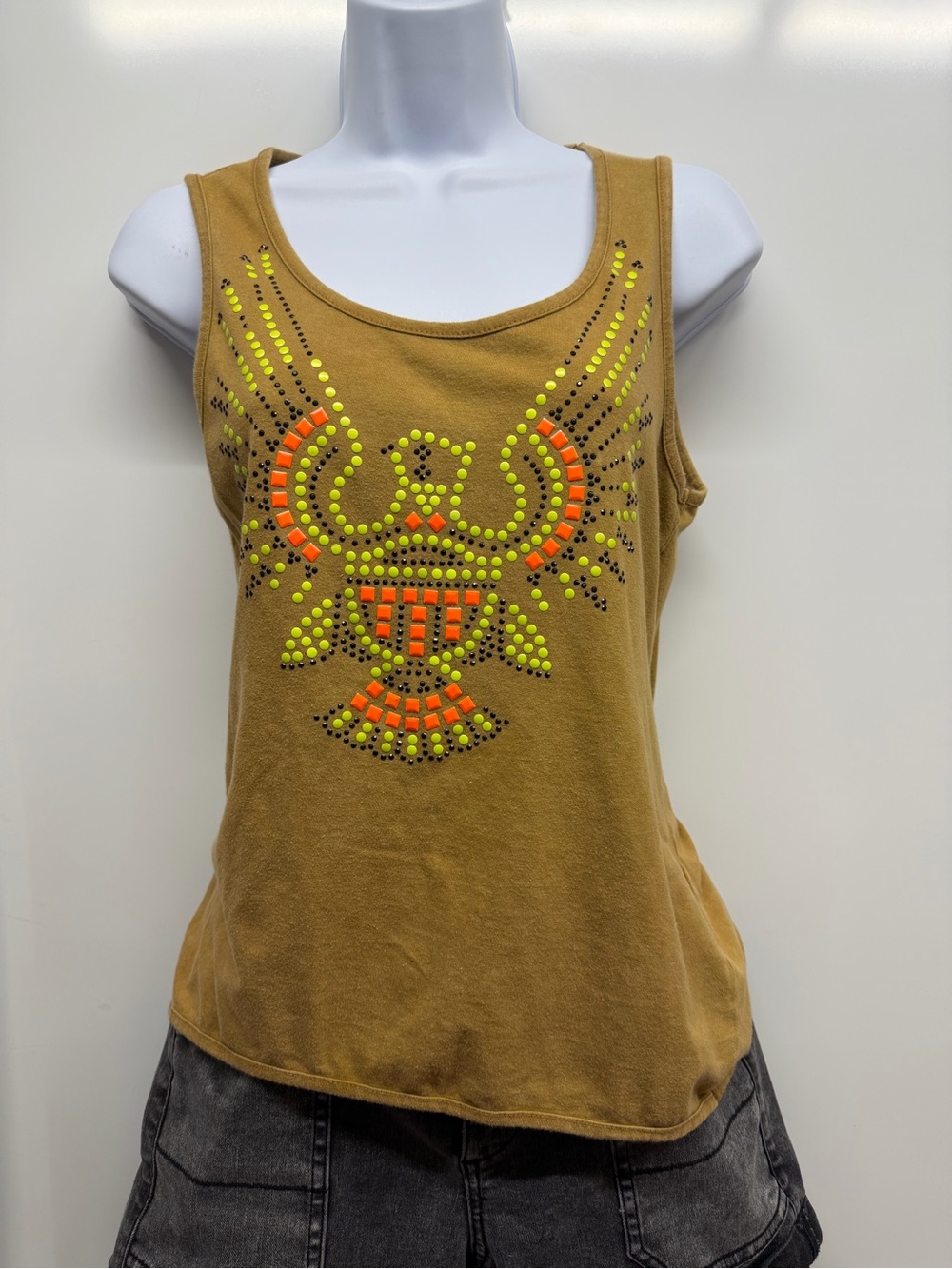 Studded Brown Tank Top with Neon Accent
